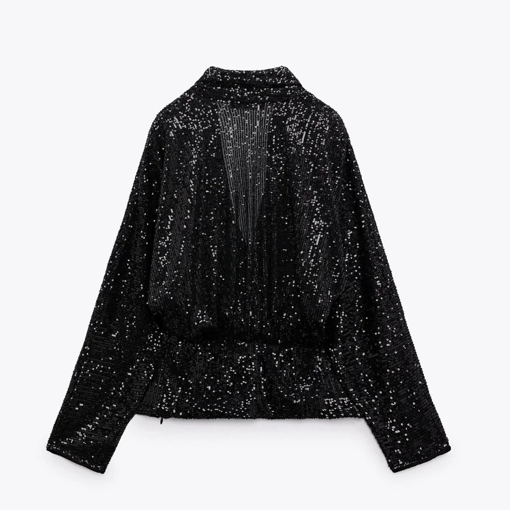 NWT Zara Draped Black Sequin Blouse - Picture 4 of 13